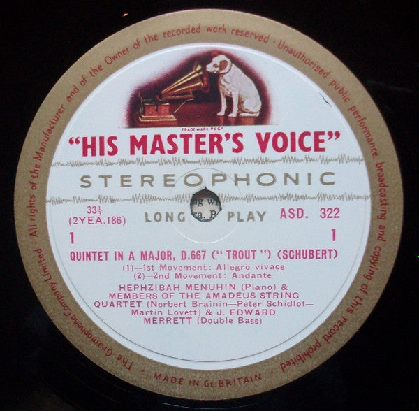 Franz Schubert, Hephzibah Menuhin And Amadeus-Quartett : 'Trout' Quintet (LP, Album)