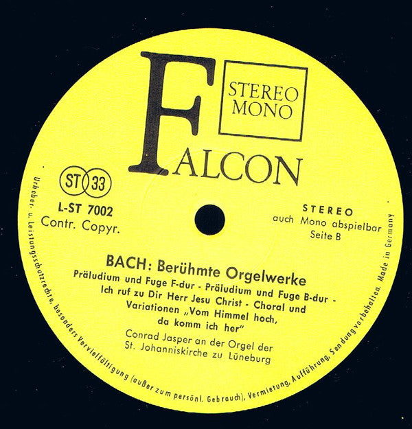 Johann Sebastian Bach, Conrad Jasper : Conrad Jasper Spielt Auf Der Orgel St. Johanniskirche Zu Lüneburg Werke Von Bach (LP)