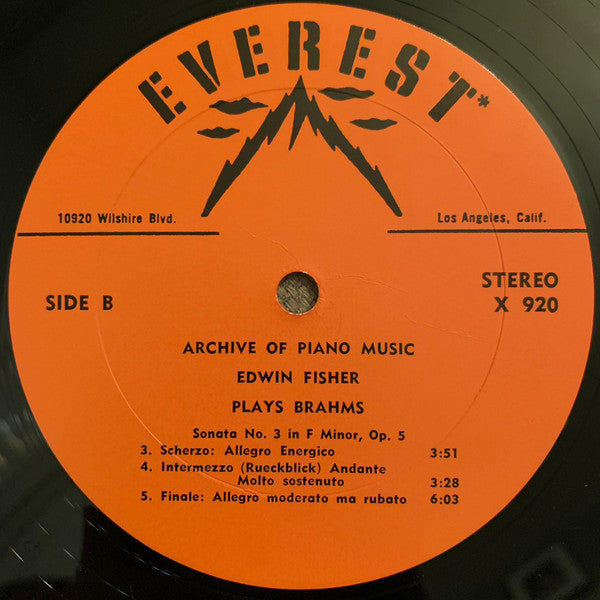 Edwin Fischer : Edwin Fisher plays Brahms Sonata No. 3 in F Minor, Op. 5 (LP)