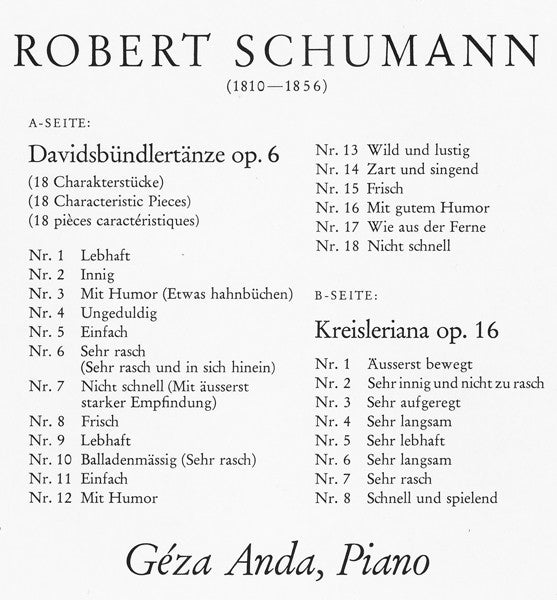 Robert Schumann, Géza Anda : Davidsbündlertänze Op. 6 ∙ Kreisleriana Op. 16 (LP, RE)