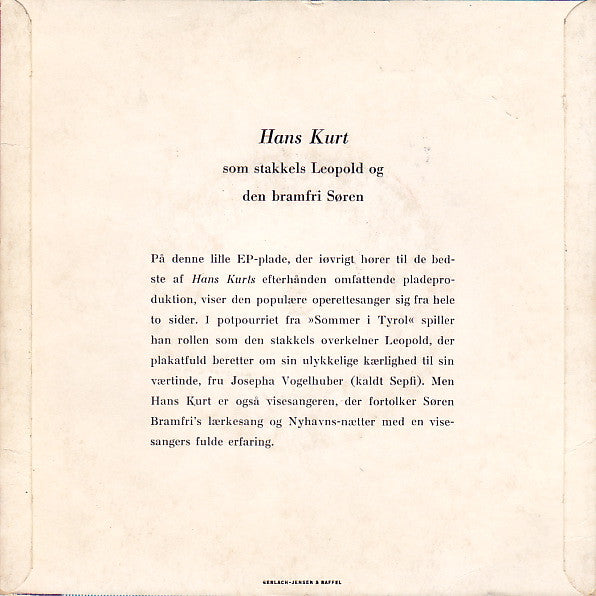 Hans Kurt : Stort Potpurri Fra Sommer I Tyrol (7", EP)