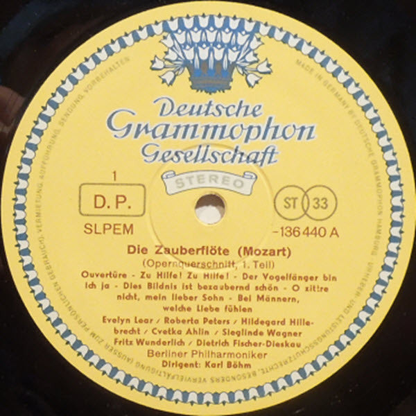 Wolfgang Amadeus Mozart • Karl Böhm • Evelyn Lear • Roberta Peters • Lisa Otto • Fritz Wunderlich • Dietrich Fischer-Dieskau • Franz Crass • Berliner Philharmoniker : Die Zauberflöte (Querschnitt) (LP)