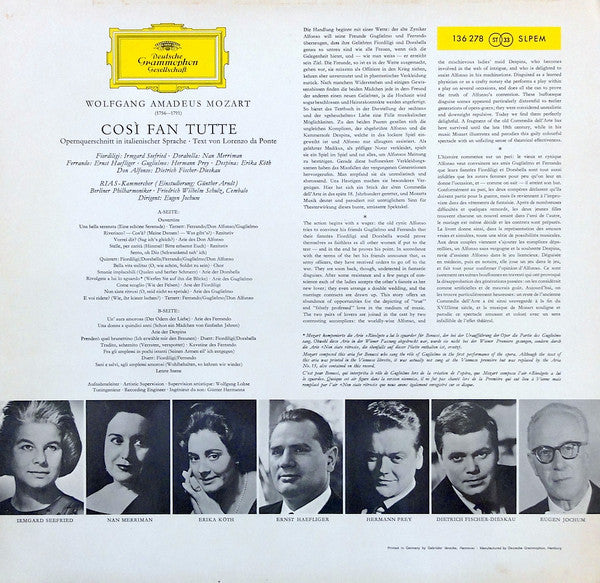 Wolfgang Amadeus Mozart – Irmgard Seefried, Nan Merriman, Erika Köth, Ernst Haefliger, Hermann Prey, Dietrich Fischer-Dieskau, Eugen Jochum : Così Fan Tutte (LP, RE)