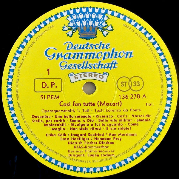 Wolfgang Amadeus Mozart – Irmgard Seefried, Nan Merriman, Erika Köth, Ernst Haefliger, Hermann Prey, Dietrich Fischer-Dieskau, Eugen Jochum : Così Fan Tutte (LP, RE)