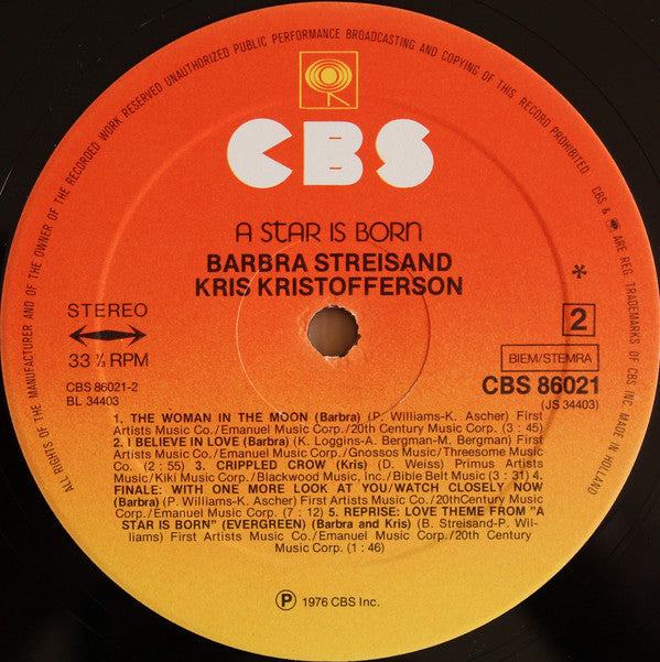 Barbra Streisand & Kris Kristofferson : A Star Is Born (LP, Album, Gat)