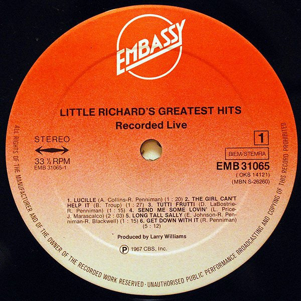 Little Richard : Little Richard’s Greatest Hits - Recorded Live (LP, Album, RE, Red)