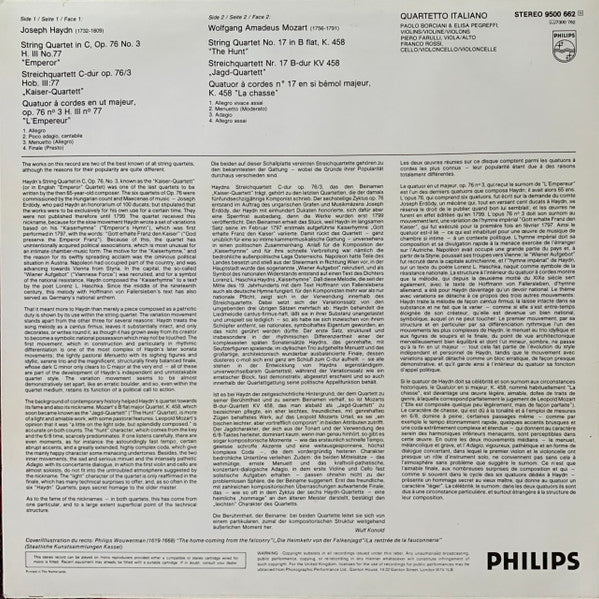Joseph Haydn / Wolfgang Amadeus Mozart - Quartetto Italiano : String Quartet Op. 76/3  “Emperor” = “Kaiser-Quartett” / String Quartet No. 17, K.458  “The Hunt” = “Jagd-Quartett” (LP, Album, Comp)