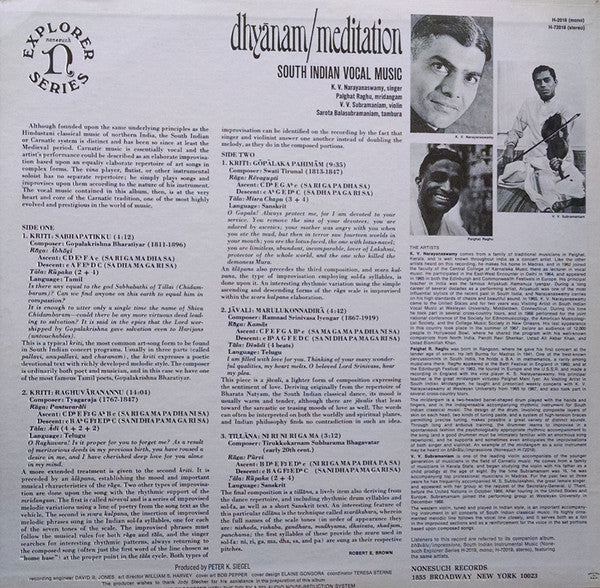 K. V. Narayanaswamy, Palghat Raghu, V.V. Subramaniam : Dhyānam / Meditation (South Indian Vocal Music) (LP, Album)