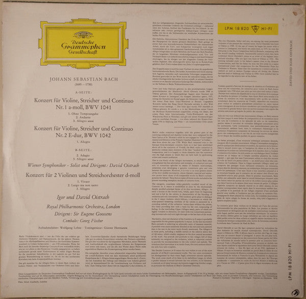 Johann Sebastian Bach, David Oistrach, Igor Oistrach : Violinkonzert In A-moll Und E-Dur / Konzert Für Zwei Violinen In D-moll (LP, Mono)
