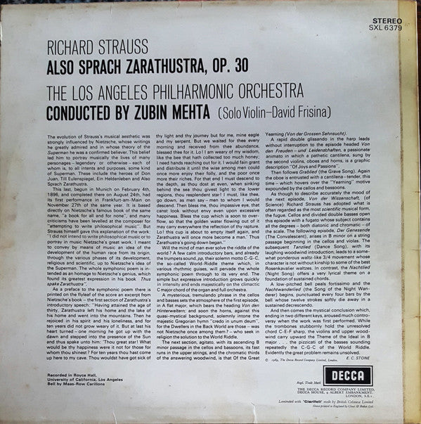 Richard Strauss, Los Angeles Philharmonic Orchestra, Zubin Mehta : Also Sprach Zarathustra (LP, Album, RP, ED4)