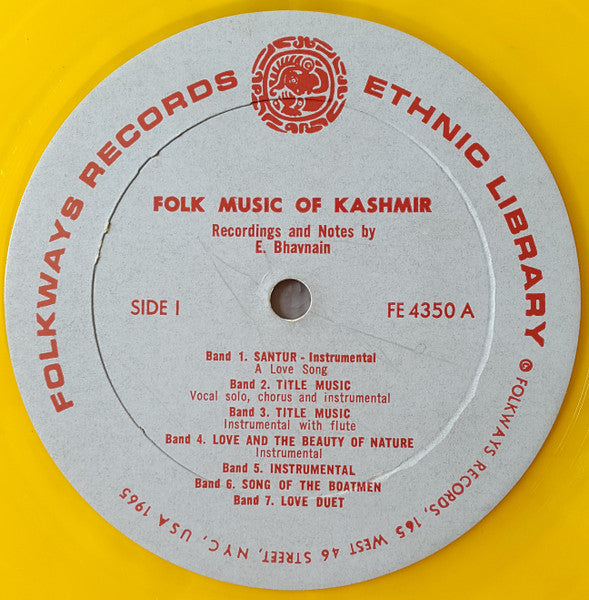 E. Bhavnain : Folk Music Of Kashmir (LP, Album, RP, Yel)