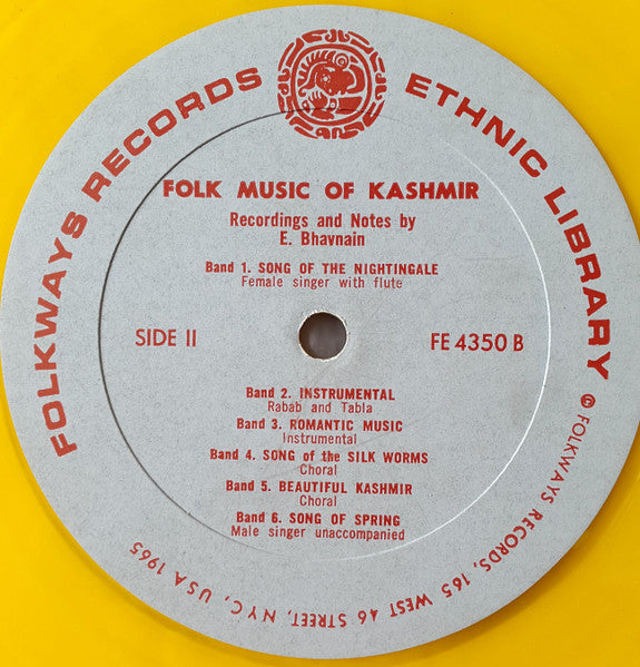 E. Bhavnain : Folk Music Of Kashmir (LP, Album, RP, Yel)