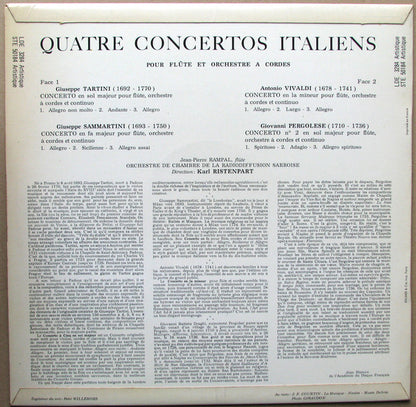 Antonio Vivaldi / Giuseppe Tartini / Giuseppe Sammartini / Giovanni Battista Pergolesi - Jean-Pierre Rampal, Kammerorchester Des Saarländischen Rundfunks, Saarbrücken Direction Karl Ristenpart : Quatre Concertos Italiens Pour Flûte (LP, Album)