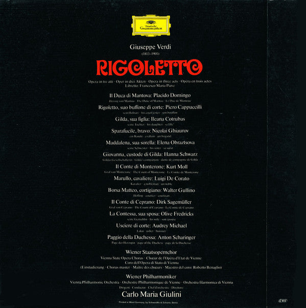 Giuseppe Verdi / Piero Cappuccilli, Ileana Cotrubas, Placido Domingo, Elena Obraztsova, Nicolai Ghiaurov, Kurt Moll, Hanna Schwarz, Wiener Staatsopernchor, Wiener Philharmoniker, Carlo Maria Giulini : Rigoletto (Box + 3xLP, GY8)