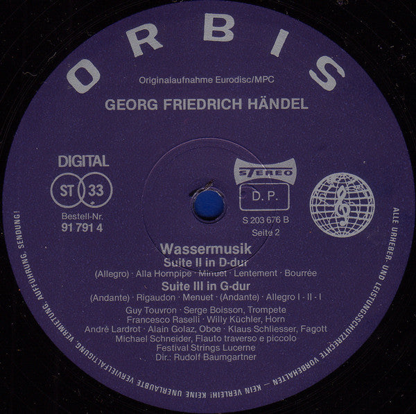 Georg Friedrich Händel, Festival Strings Lucerne, Rudolf Baumgartner : Wassermusik / Water Music - Suiten 1-3 • Complete • Intégral (LP)