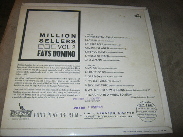 Fats Domino : Million Sellers By Fats Vol 2 (LP, Comp)