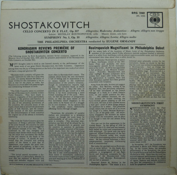 Dmitri Shostakovich - Mstislav Rostropovich, The Philadelphia Orchestra, Eugene Ormandy : Concerto For Cello In E Flat, Op. 107 / Symphony No. 1 In F Major, Op. 10 (LP, Album, RE)