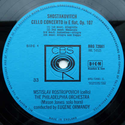 Dmitri Shostakovich - Mstislav Rostropovich, The Philadelphia Orchestra, Eugene Ormandy : Concerto For Cello In E Flat, Op. 107 / Symphony No. 1 In F Major, Op. 10 (LP, Album, RE)