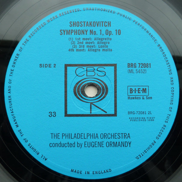 Dmitri Shostakovich - Mstislav Rostropovich, The Philadelphia Orchestra, Eugene Ormandy : Concerto For Cello In E Flat, Op. 107 / Symphony No. 1 In F Major, Op. 10 (LP, Album, RE)