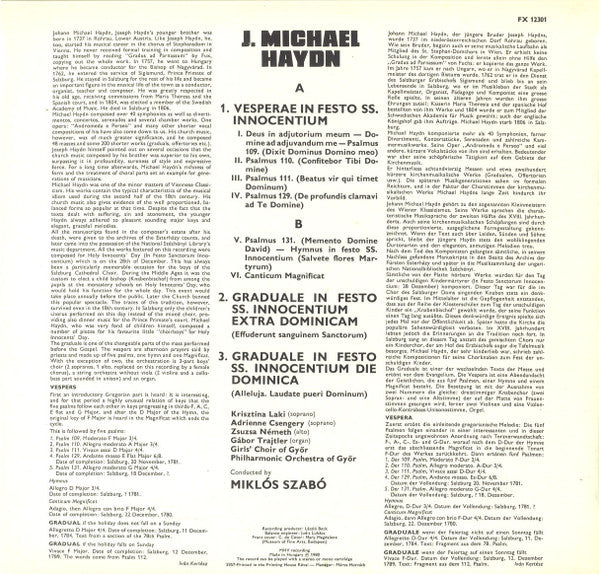 Michael Haydn - Krisztina Laki, Adrienne Csengery, Zsuzsa Németh, Gábor Trajtler, Győr Girls' Chorus, Győri Filharmonikus Zenekar, Szabó Miklós : Vesperae In Festo SS. Innocentium / Graduale In Festo SS. Innocentium Extra Dominicam / Graduale In Festo SS. Innocentium Die Dominica (LP)