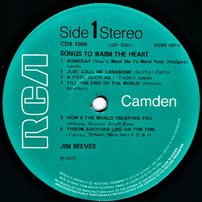 Jim Reeves : Songs To Warm The Heart (LP, Album)