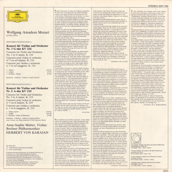 Wolfgang Amadeus Mozart, Anne-Sophie Mutter • Berliner Philharmoniker, Herbert von Karajan : Violinkonzerte = Violin Concertos (No.3 G-dur = G Major KV 216 · No.5 A-dur = A Major KV 219) (LP)