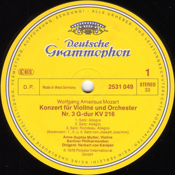 Wolfgang Amadeus Mozart, Anne-Sophie Mutter • Berliner Philharmoniker, Herbert von Karajan : Violinkonzerte = Violin Concertos (No.3 G-dur = G Major KV 216 · No.5 A-dur = A Major KV 219) (LP)