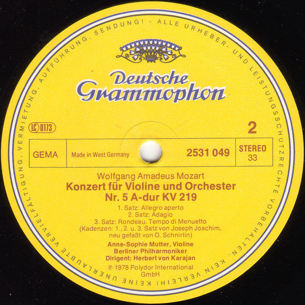 Wolfgang Amadeus Mozart, Anne-Sophie Mutter • Berliner Philharmoniker, Herbert von Karajan : Violinkonzerte = Violin Concertos (No.3 G-dur = G Major KV 216 · No.5 A-dur = A Major KV 219) (LP)