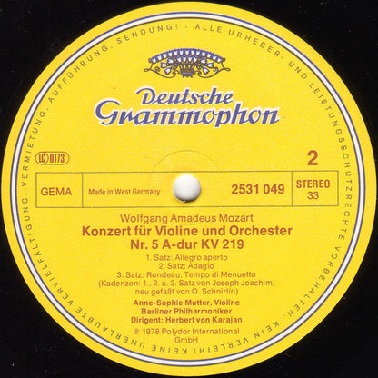 Wolfgang Amadeus Mozart, Anne-Sophie Mutter • Berliner Philharmoniker, Herbert von Karajan : Violinkonzerte = Violin Concertos (No.3 G-dur = G Major KV 216 · No.5 A-dur = A Major KV 219) (LP)