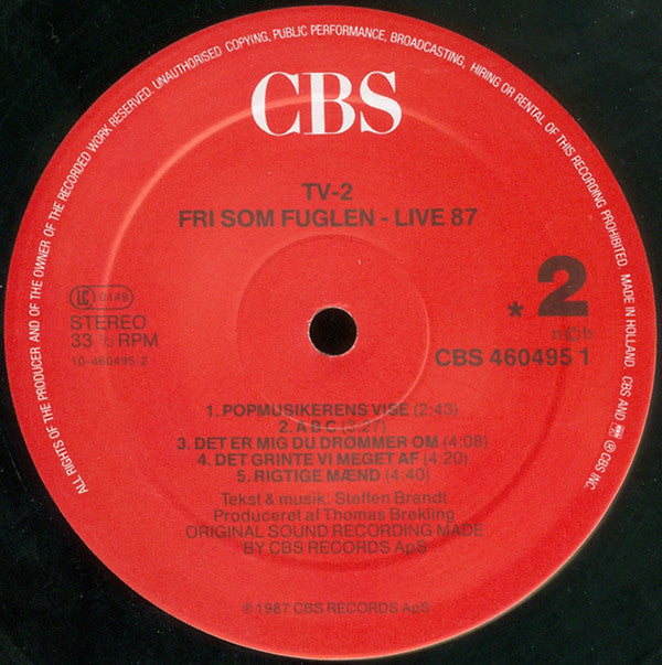 tv-2 : Fri Som Fuglen - Live 87 (2xLP)