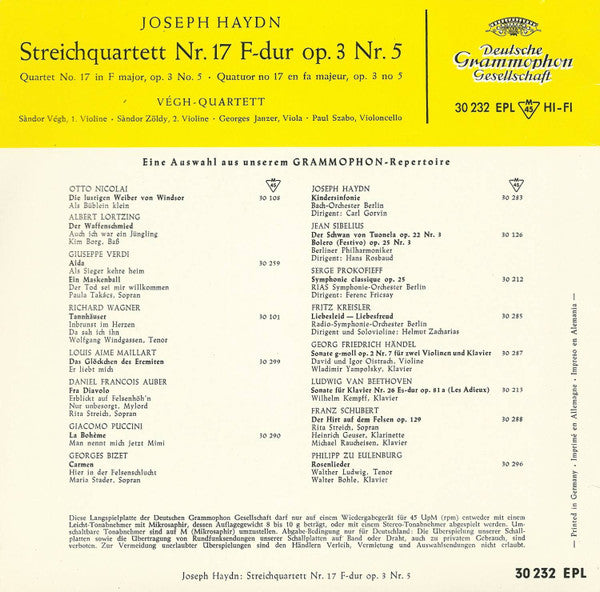 Joseph Haydn, Quatuor Végh : Streichquartett Nr. 17 F-dur Op. 3 Nr. 5 (7", EP, Mono)