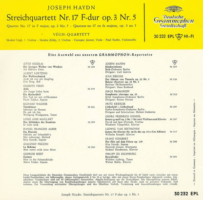 Joseph Haydn, Quatuor Végh : Streichquartett Nr. 17 F-dur Op. 3 Nr. 5 (7", EP, Mono)