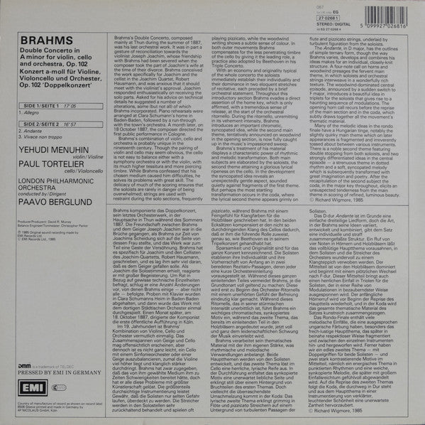 Johannes Brahms - Yehudi Menuhin, Paul Tortelier, London Philharmonic Orchestra, Paavo Berglund : Double Concerto (LP)