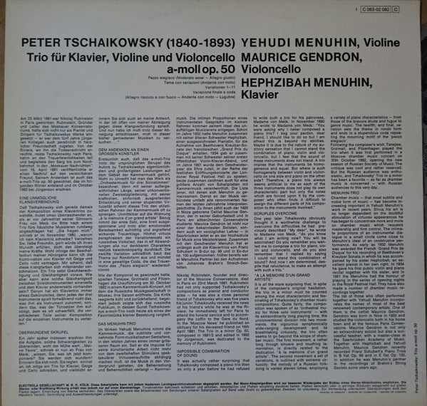 Pyotr Ilyich Tchaikovsky - Yehudi Menuhin • Maurice Gendron, Hephzibah Menuhin : Trio Für Klavier, Violine Und Violoncello A-moll Op. 50 (LP, Album)