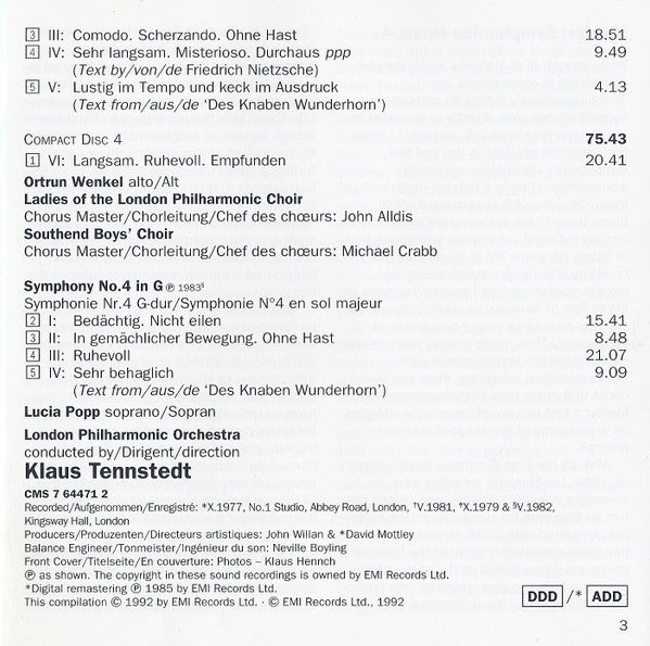 Gustav Mahler, Klaus Tennstedt : Symphonien 1-4 (4xCD, Comp, RM)