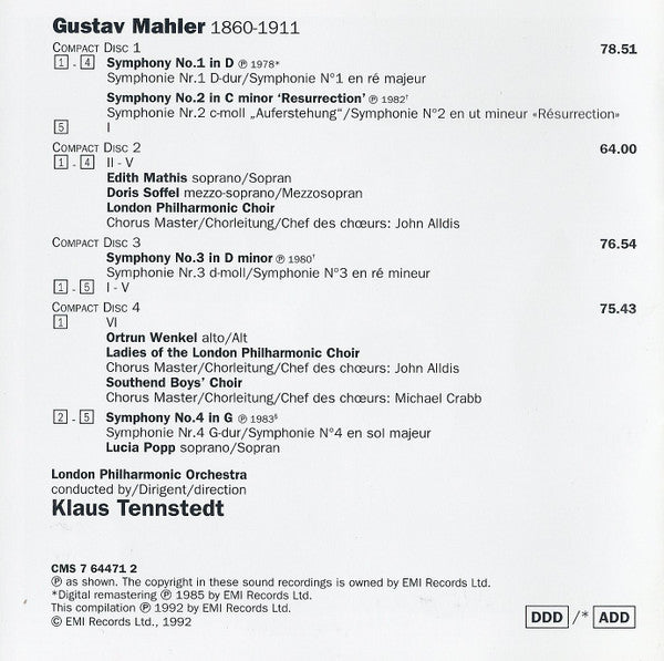 Gustav Mahler, Klaus Tennstedt : Symphonien 1-4 (4xCD, Comp, RM)