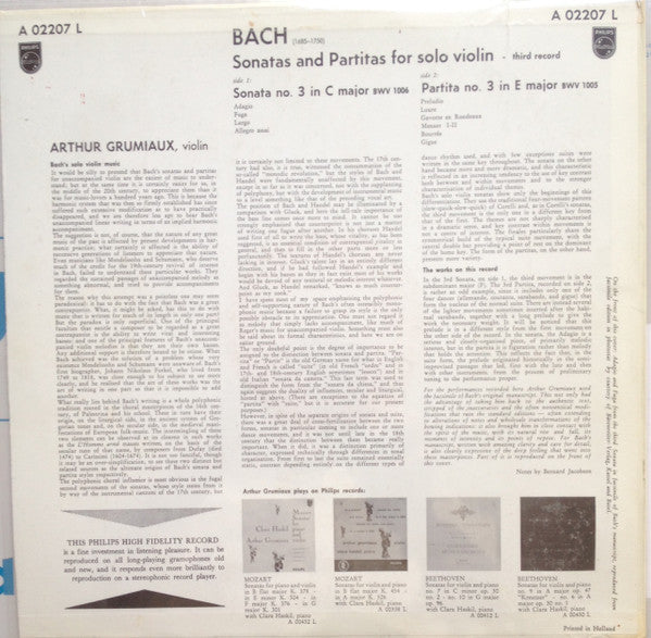 Johann Sebastian Bach - Arthur Grumiaux : Sonatas And Partitas For Solo Violin - Third Record (LP, Mono)