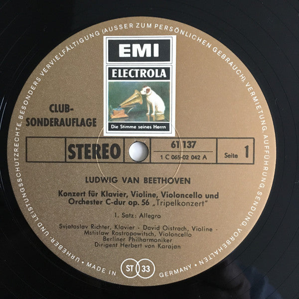 Ludwig van Beethoven, David Oistrach, Mstislav Rostropovich, Sviatoslav Richter, Herbert von Karajan, Berliner Philharmoniker : Tripelkonzert C-dur Op. 56 (LP, Club)