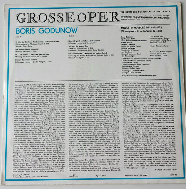 Modest Mussorgsky, Staatskapelle Dresden, Rundfunkchor Leipzig, Herbert Kegel, Theo Adam, Hanne-Lore Kuhse, Peter Schreier, Siegfried Vogel : Boris Godunow (LP, Album)