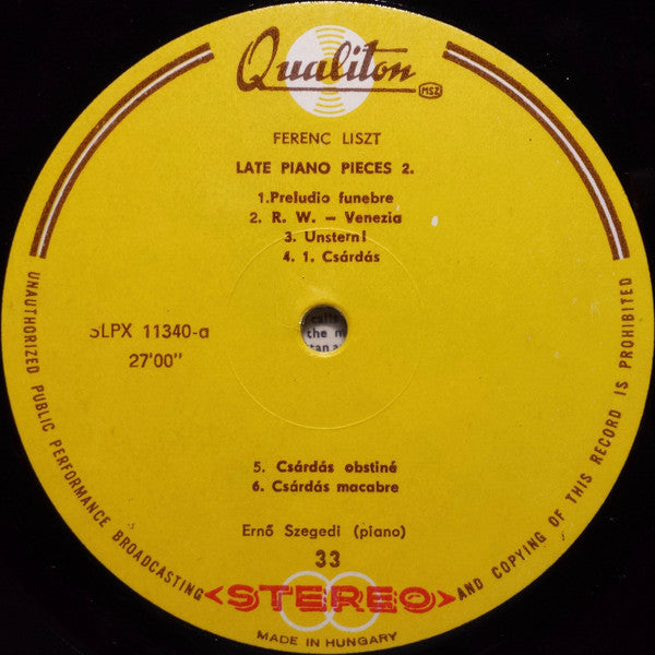 Franz Liszt, Szegedi Ernő : Late Piano Works 2. (LP, Album, Mono)