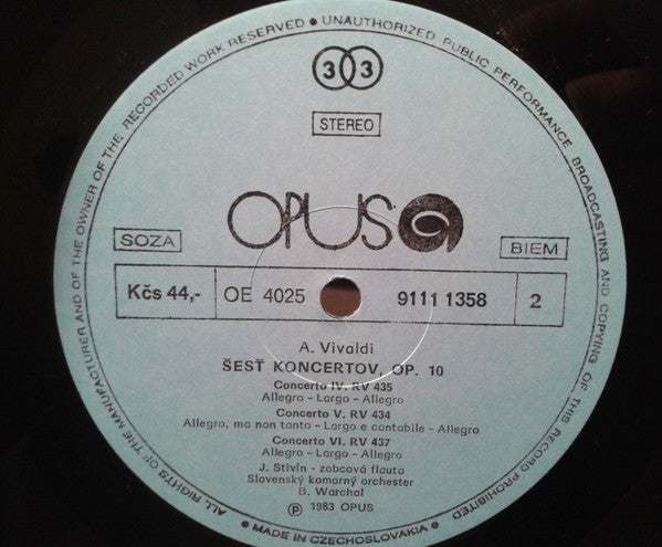 Bohdan Warchal, Slovak Chamber Orchestra, Jiří Stivín / Antonio Vivaldi : Six Concertos, Op. 10 (LP)