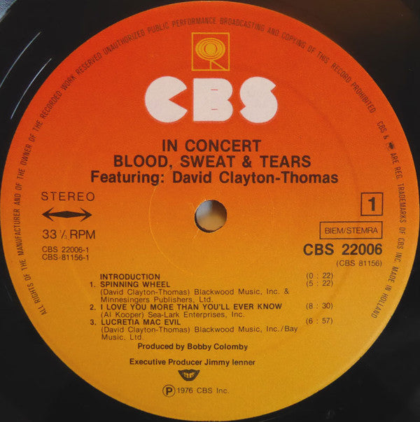 Blood, Sweat And Tears Featuring David Clayton-Thomas : In Concert (2xLP, Album)