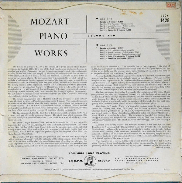 Wolfgang Amadeus Mozart, Walter Gieseking : Mozart Piano Works Volume Ten (LP, Mono)