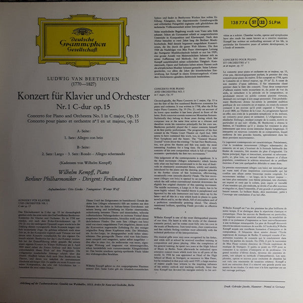 Ludwig van Beethoven – Wilhelm Kempff · Berliner Philharmoniker · Ferdinand Leitner : Klavierkonzert Nr. 1 C-dur (LP)