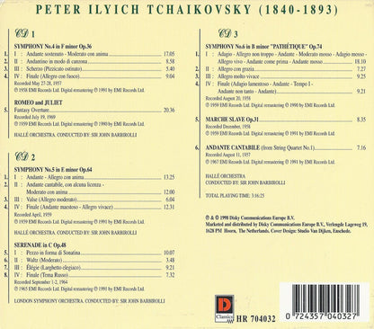 Pyotr Ilyich Tchaikovsky, Sir John Barbirolli, Hallé Orchestra, London Symphony Orchestra : Symphonies 4, 5 & 6 / Romeo And Juliet / Serenade In C / Marche Slave / Andante Cantabile (3xCD, Comp, RM + Box)
