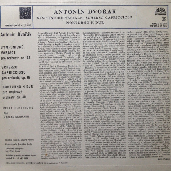 Antonín Dvořák - The Czech Philharmonic Orchestra, Václav Neumann : Symfonické Variace / Scherzo Capriccioso / Nokturno (LP, Club)