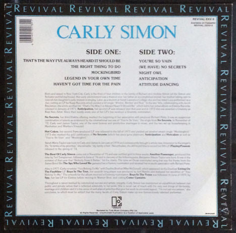 Carly Simon : The Best Of Carly Simon* Revival (LP, Comp, Num, Promo)