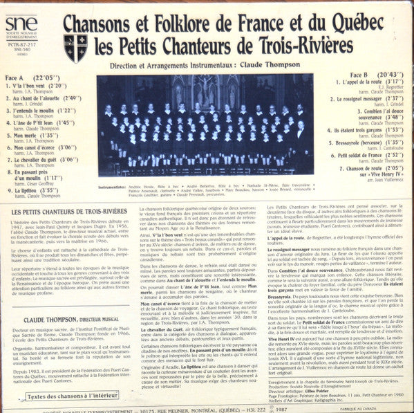 Maîtrise de La Cathédrale de Trois-Rivières : Chansons Et Folklore De France Et Du Québec (LP, Album)