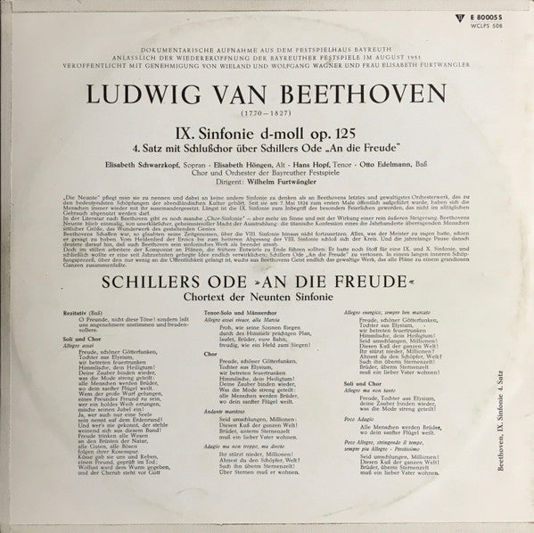 Ludwig van Beethoven, Wilhelm Furtwängler : Schlusschor Über Schillers Ode An Die Freude - Vierter Satz Der Neunten Sinfonie D-Moll Op. 125 (LP, S/Sided, Album, Mono)