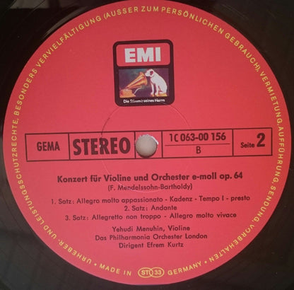 Max Bruch / Felix Mendelssohn-Bartholdy - Yehudi Menuhin - Philharmonia Orchestra - Walter Susskind - Efrem Kurtz : Violinkonzert G-Moll Op. 26 / Violinkonzert E-Moll Op. 64 (LP, RE, Red)